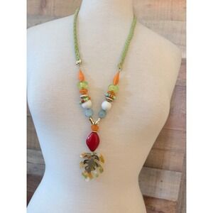 1928 Jewelry Tropical Monstera Leaf Statement Necklace Green Braided Cord Beaded